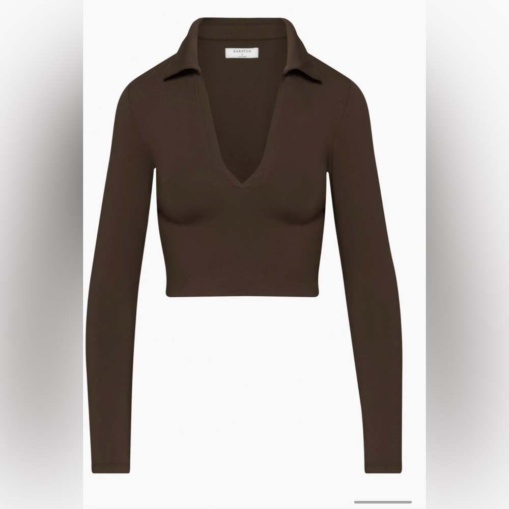 Aritzia contour polo long sleeve crop top dark brown (babaton) size LARGE